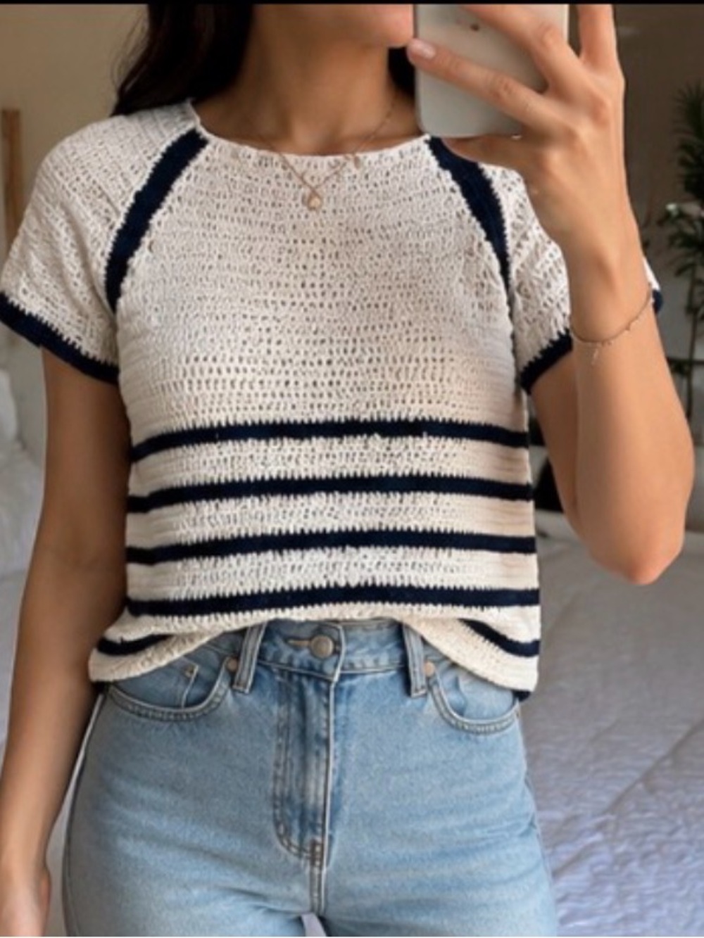 White & Navy Striped Crochet Sweater
Size: S